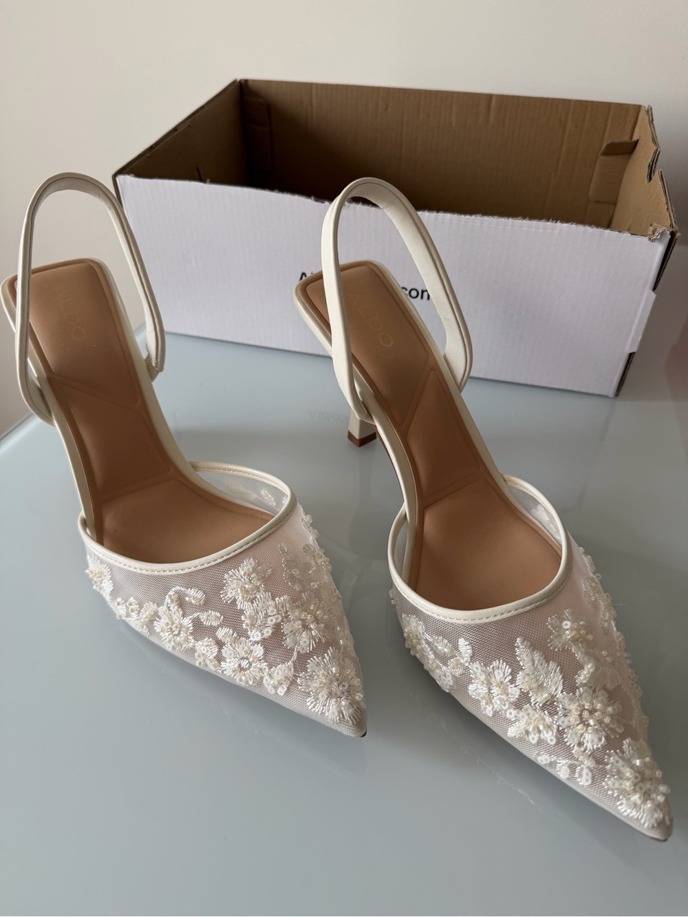 Ivory white floral beaded Embroidered Slingback Pointed Heels